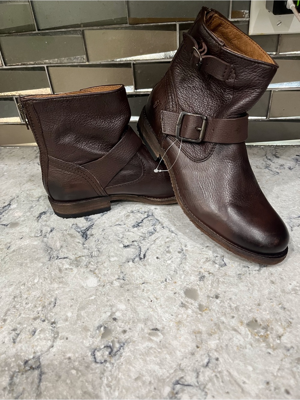 Frye Dark Brown Leather Harness Ankle Boots